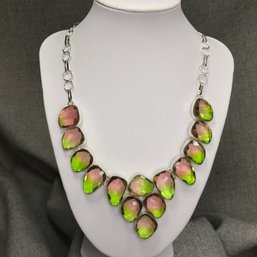 Fabulous Brand New Sterling Silver / 925 & Watermelon Tourmaline Bib Necklace - Lovely Soft Colors - Wow !