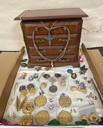 Nice Collection Lot Of Jewelry Ear Rings, Necklaces, Wooden Jewelry Box, Pendants. TA / A4
