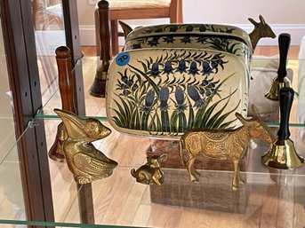 A CASHMERE LACQUERED BOX, BRASS BELL, AND TWO BRASS FIGURINES