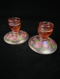 Fenton Rose Iridescent Satin Candlestick Holders