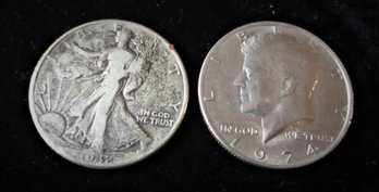 2 U.S. Half Dollars, 1942 Silver Walking Liberty, 1974 Kennedy
