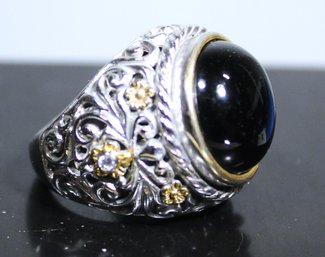 Sterling Silver And Gold Cabochon Black Onyx Ring Fancy Setting Size 6