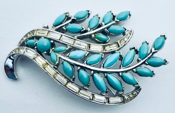 VINTAGE SIGNED CROWN TRIFARI SILVER TONE BLUE & WHITE RHINESTONE SPRAY BROOCH