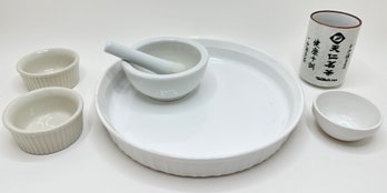 Corning Ware Shallow Serving Plate, Ramekins, Japanese Mug, Mortar & Pestle