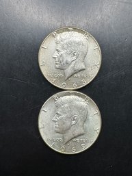 2 Forty Percent Silver Kennedy Half Dollars 1968-D, 1969-D