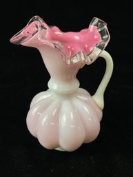 Vintage Pink Cased White Glass Pitcher Melon Body And Pink/Clear Ruffled Top By Fenton