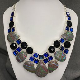 Fantastic Sterling Silver - Sapphire Blue Gemstone - Onyx - Rainbow Calsilica Multi Gemstone Necklace - WOW !