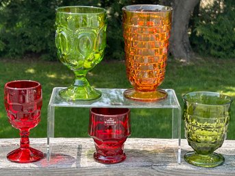 Vtg Lot Of 5 Gorgeous Colored Drinking Glasses: Indiana Glass, L.E. Smith, Viking, READ FOR SPECIFICS