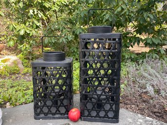 A Pair Of Black Woven Bamboo Lanterns