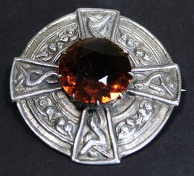 Large Antique Sterling Silver Scottish Brooch W Brown Quartz Stone