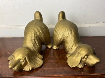 Pair Of Gold Painted Cast Metal Playful Puppy Bookends