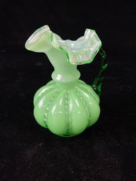 Fenton Green Beaded Melon Ruffled Crimp Edge Pitcher