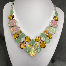 Fantastic 925 / Sterling Silver  - Jadite, Orange Topaz & Opal Multi Gemstone Necklace - VERY Pretty Necklace