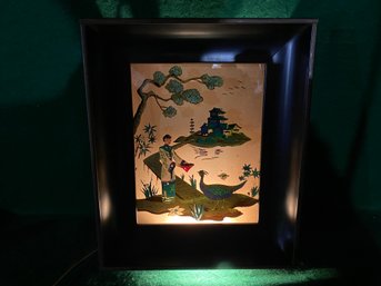 Vintage Chinese Bar/Restaurant Reverse Painting On Glass Shadow Light Box. Woman, Peacock And Pagoda.