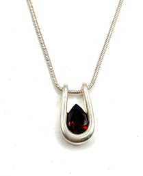 Beautiful Italian Sterling Silver HAN Designer Smooth Chain With Garnet Color Stone Pendant