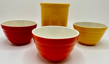 Emile Henry Utensil Storage Crock, France & 3 Colorful Bowls