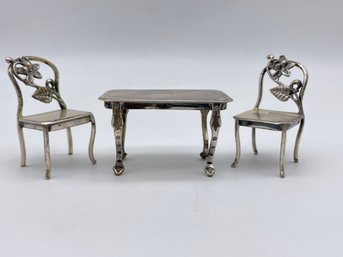 Vintage Sterling Silver Table And Two Chairs, Doll House Miniatures