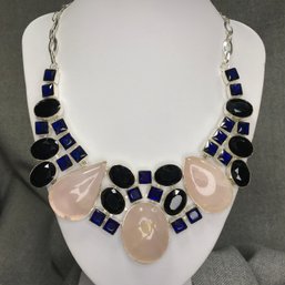 WOW WOW ! - 925 / Sterling Silver - Navy Blue Topaz - Black  Onyx & Pink Quartz Multi Gemstone Necklace !