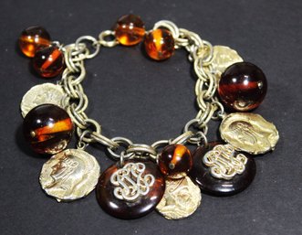 Vintage Lucite Plastic And Gold Tone Neoclassical Charm Bracelet 1960s