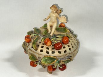 Porcelain Covered Box With Cherub And Cherries (As-Is)