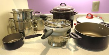 Variety Of Pots And Pans Including A Brown Enamel Pot