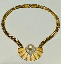 SIGNED PARK LANE ART DECO STYLE GOLD TONE FAUX PEARL AND RHINESTONE NECKLACE