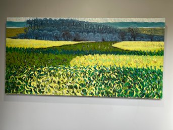 Impressionist Oil On Canvas - Fields Of Green Landscape