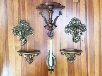 A Collection Of Vintage Wall Shelves And A Brass Candle Sconce