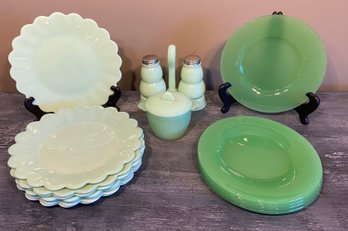 Jadeite Dessert Plates, Sugar Bowl, Salt And Pepper Caddy