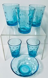 1960's Hazel Atla Capri Blue Dots Pattern 5 Drinking Glasses 1 Small Bowl 5' W