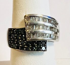 STERLING SILVER BLACK AND WHITE DIAMOND RING