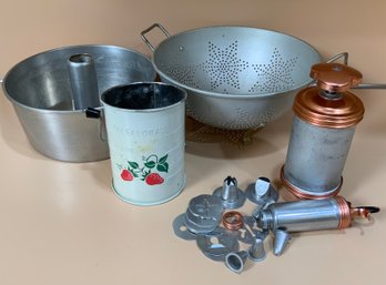 Vintage Aluminum Lot ~ Strainer, Angel Food Baking Pan, Sifter & More ~