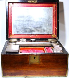 Antique Early Continental Brass Bound Dresser Box Cut Glass & Silver Tops Perfumes Mirror