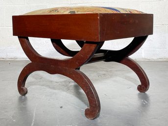 A Vintage Mahogany Ottoman With Tapestry Upholstery