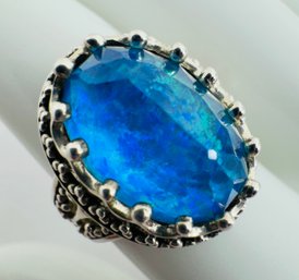 DESIGNER SAJEN SPECTACULAR STERLING SILVER OPAL AND FACETED BLUE QUARTZ DOUBLET RING