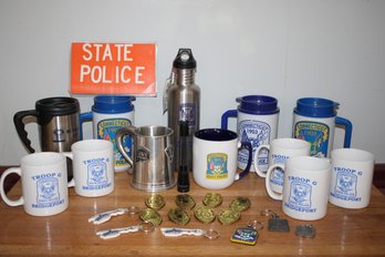 Where's The Donut's? Lot Of State Police Related Items With Coffee Cups, Keychains, Junior Badges And More