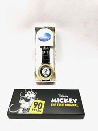 90th Anniversary Disney Mickey Mouse Men's Gold Vintage Alloy Watch W/ Black Leather Strap