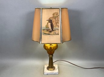Vintage Amber Glass & Marble Base Lamp With Penguin Shade