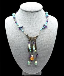 Vintage Mexican Sterling Silver Hand Beaded Multi Color Necklace