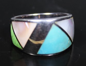 Fine Sterling Silver Inlaid Turquoise, Mother Of Pearl Band Ring Size 6