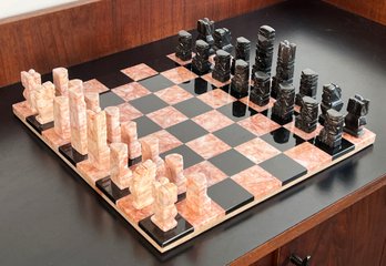 Vintage Pink & Black Marble Chess Board & Pieces Set