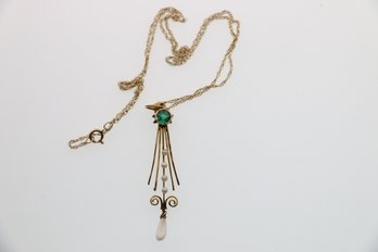 10k Vintage Pearl Green Stone Pendant With 14k Gold 16 Inch Chain