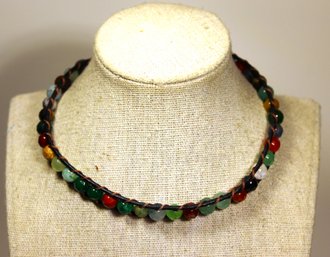 Leather And Multi Colored Jade Hard Stone Beaded Choker Necklace