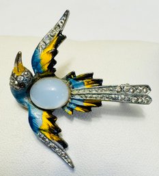 VINTAGE SILVER TONE RHINESTONE AND ENAMEL BIRD OF PARADISE BROOCH