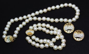 Marvella Vintage Gold Tone Rhinestone Faux Pearl Necklace, Bracelet Ear Clips Suite