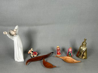 Vintage Lladro 'Boy Yawning', Hand Crafted Clay Figures, Brass Bell & Small Wooden Keepsake Trays