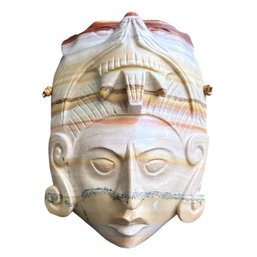 Hand Carved Cream And Beige Colored African Onyx Marble Style Wall Hanging Face Mask (U.S. Shipping Available