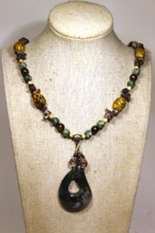 Hard Stone Beaded Necklace W Large Drop Pendant