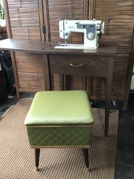 White Star Sewing Table With Green Storage Stool And Accessories