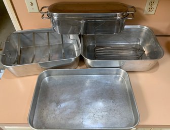 Vintage 2 Roasting Pans, Metal Oblong Covered Box & Roasting Racks